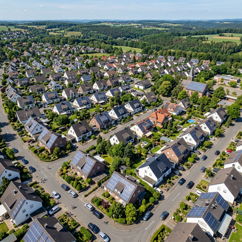 Luftbild Einfamilienhaus mit Solaranlage auf dem Dach